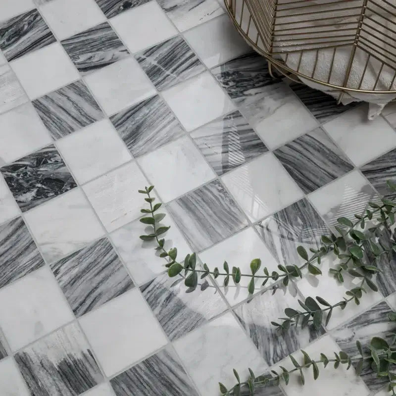 3x3 Bardiglio Gray Carrara Blend Polished Marble Mosaic, 12x12