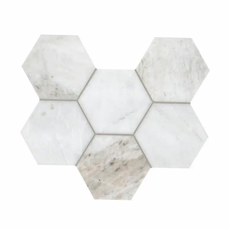 5” Arabescato Venato White Hexagon 10" X 13" Honed Marble Mosaic Floor And Wall Tile