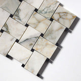 Jumbo Calaverde Calacatta Green Honed Basketweave Marble Mosaic 10 5/8 " x 10 5/8 " x 3/8 "