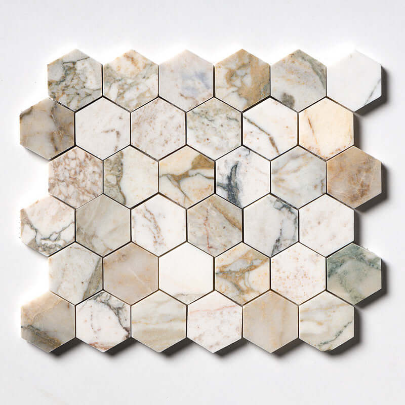2” CalaVerde Green Honed Hexagon Marble Mosaic 10 3/8 " x 12 " x 3/8