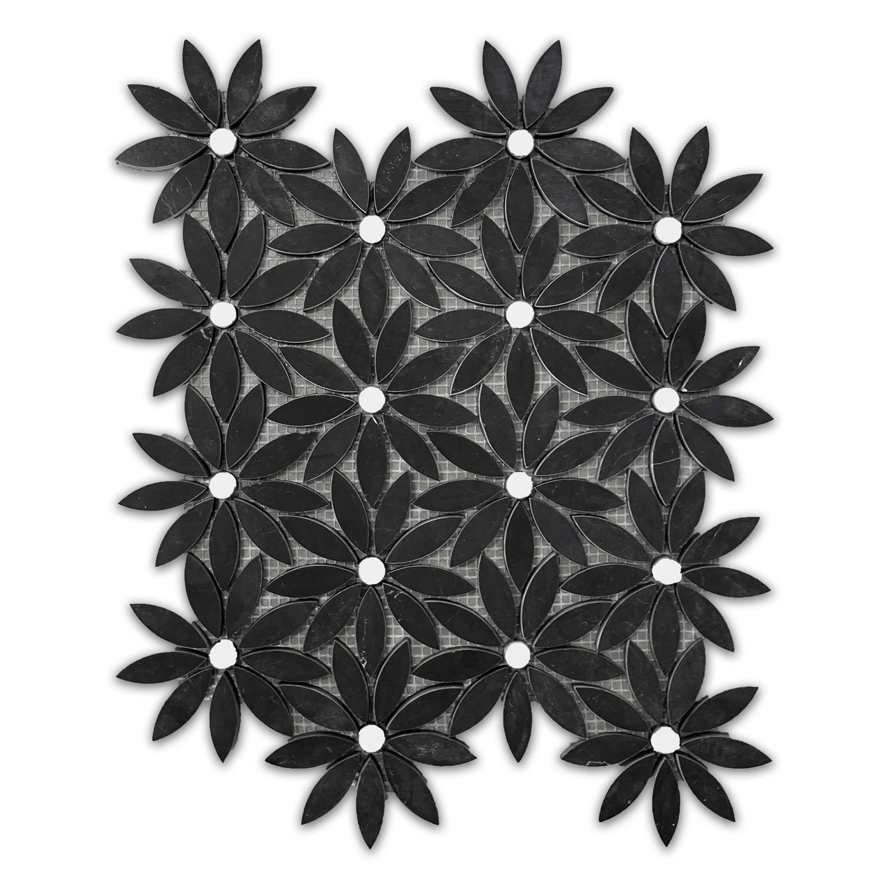 Nero Marquina Black Marble With Bianco Dolomite Accent Daisy Flower Waterjet Mosaic Tile Polished