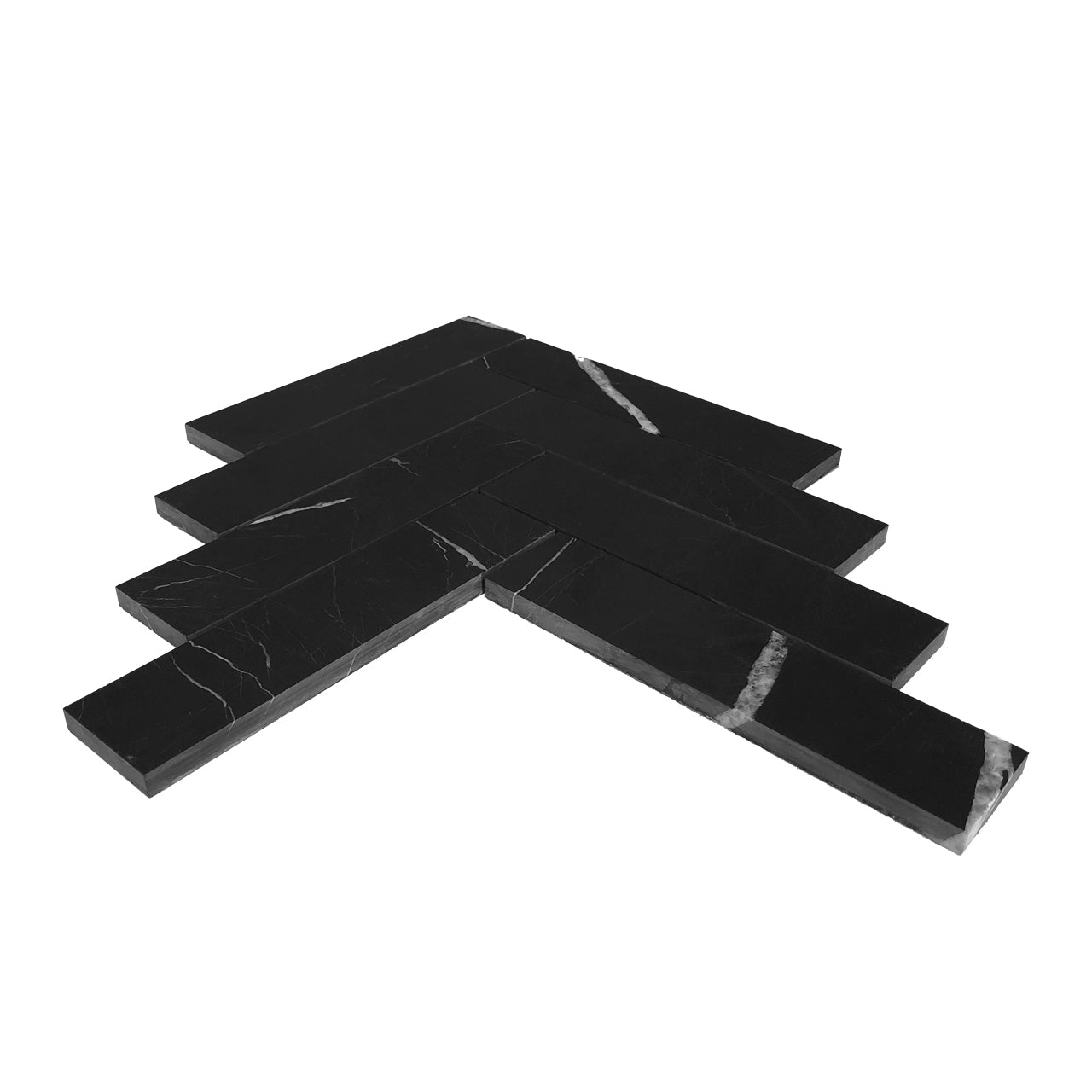 Nero Marquina Black Marble 2" x 8" Herringbone Mosaic Tile Polished