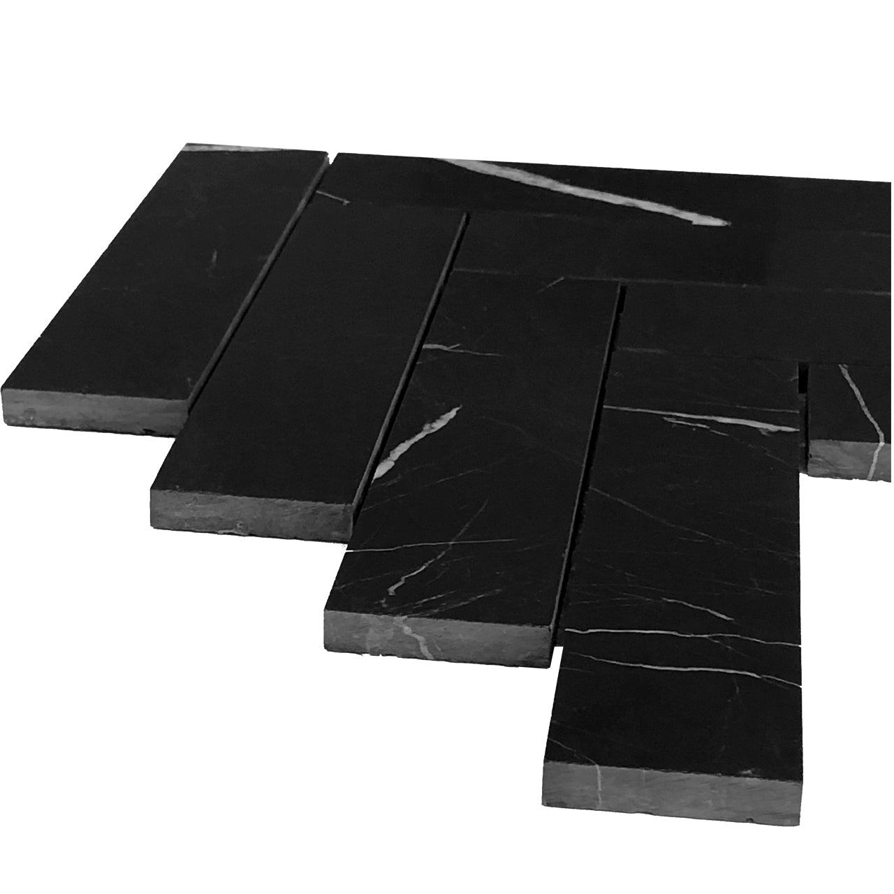 Nero Marquina Black Marble 2" x 8" Herringbone Mosaic Tile Polished