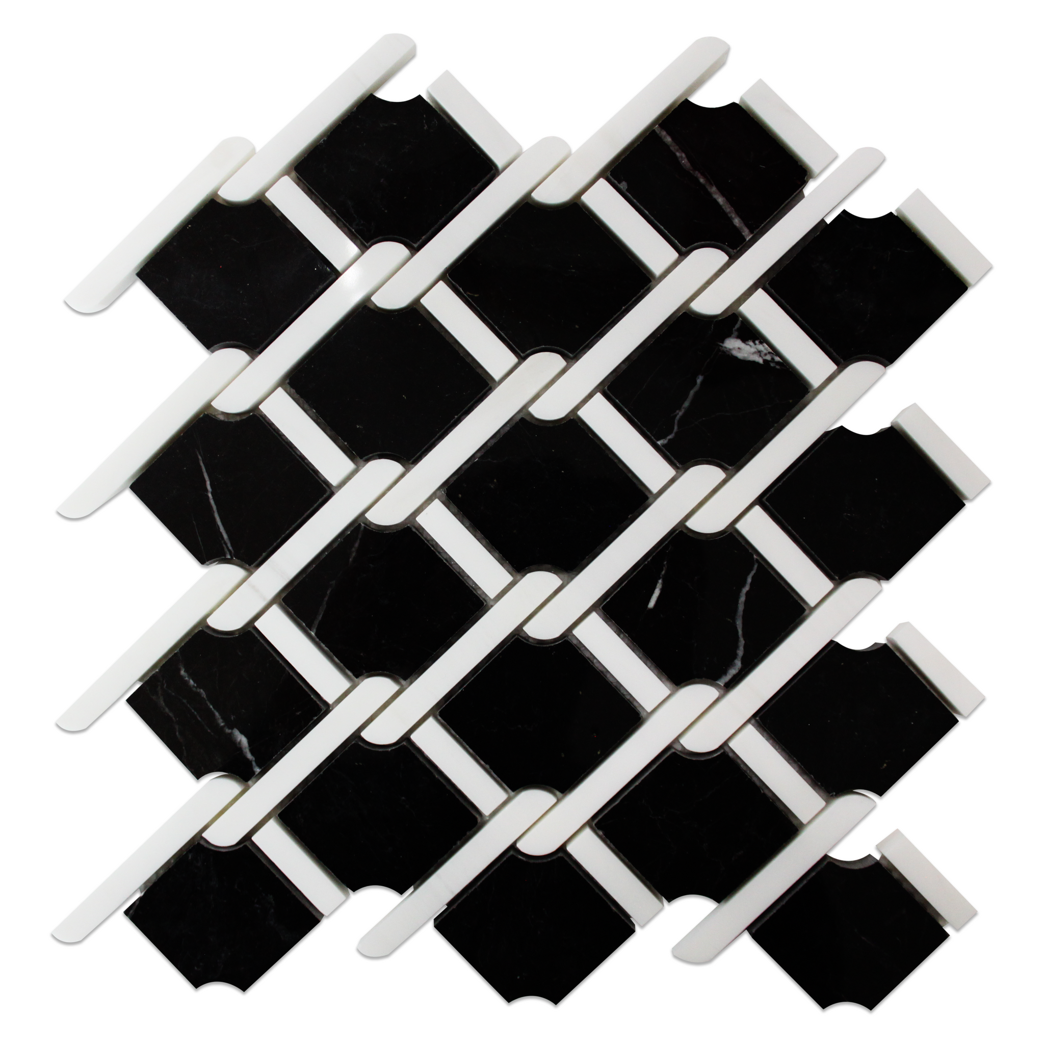 Nero Marquina Black Marble Marbella Lynx Rope Design with Bianco Dolomite White  Strips Mosaic Tile Honed
