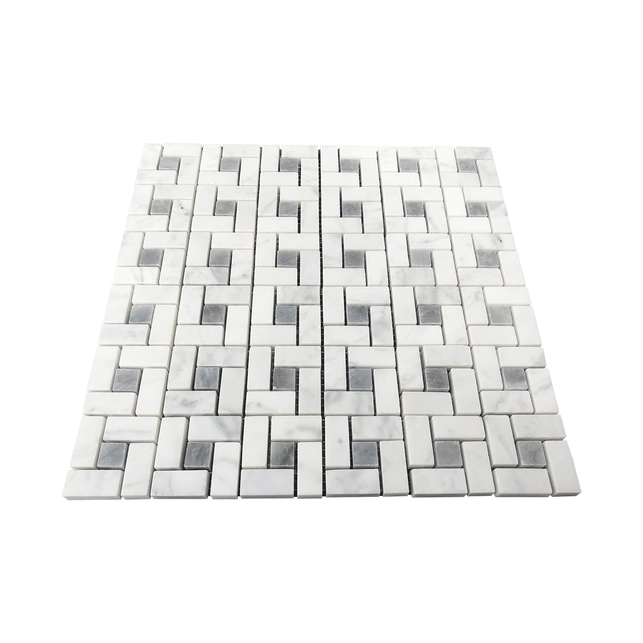 Carrara White Italian Marble Target Pinwheel Mosaic Tile with Bardiglio Gray Dots Polished