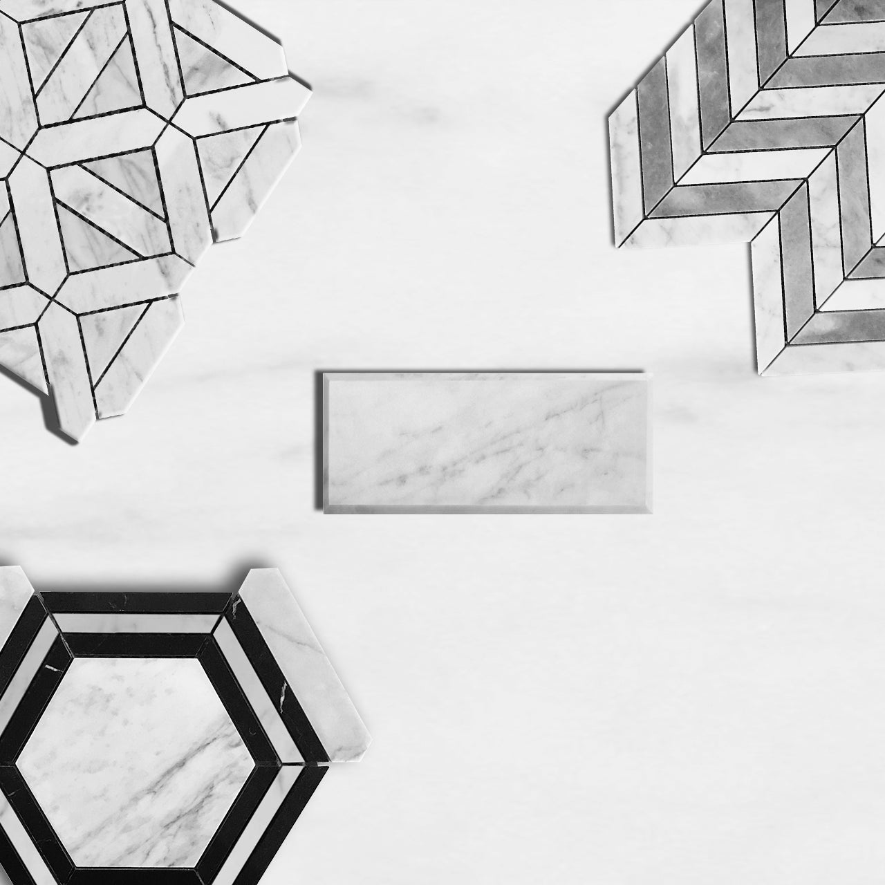 Carrara White Italian Marble with Bardiglio 1" x 4" Chevron Mosaic Tile Polished