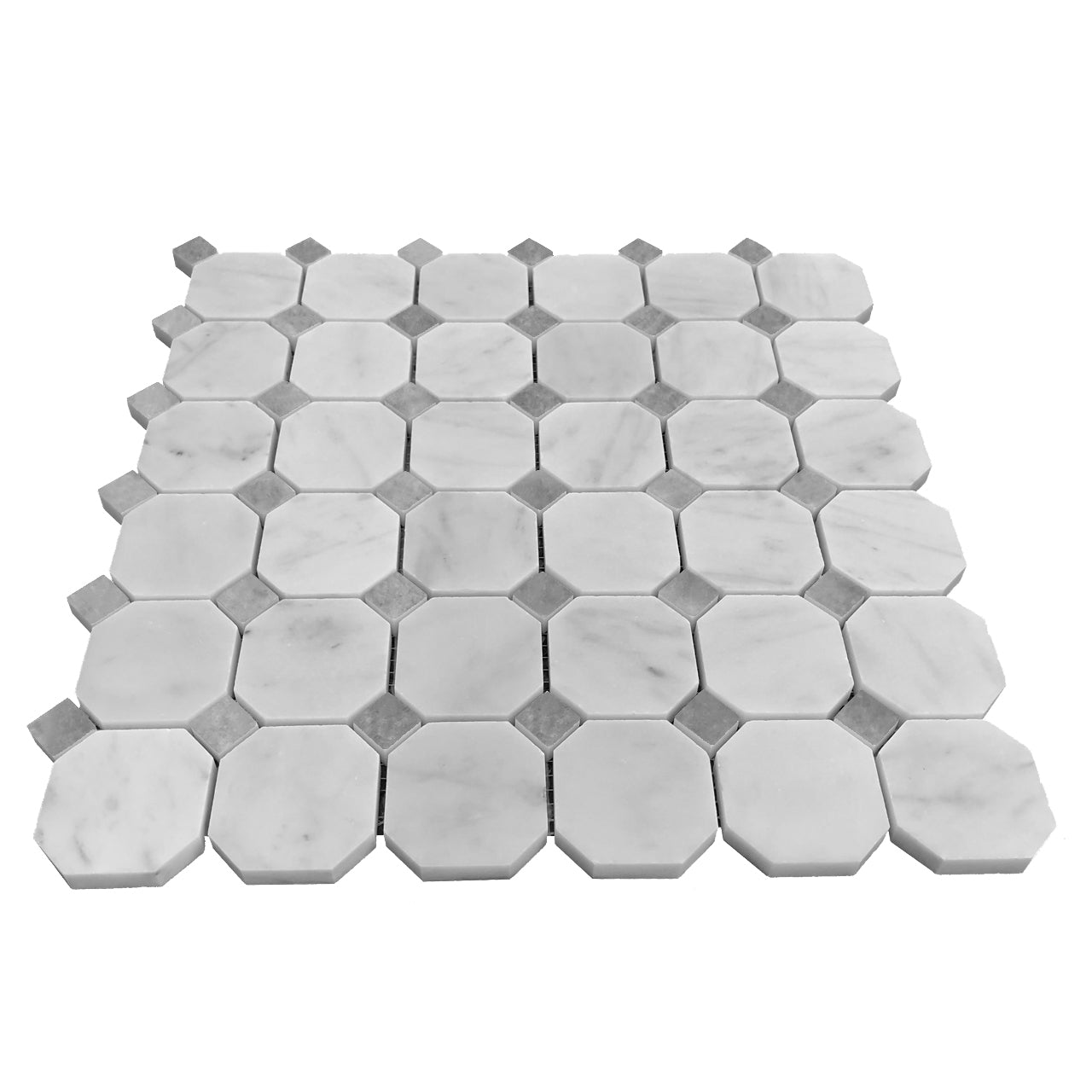 Carrara White Italian Marble Octagon with Bardiglio Dots Mosaic Tile Honed
