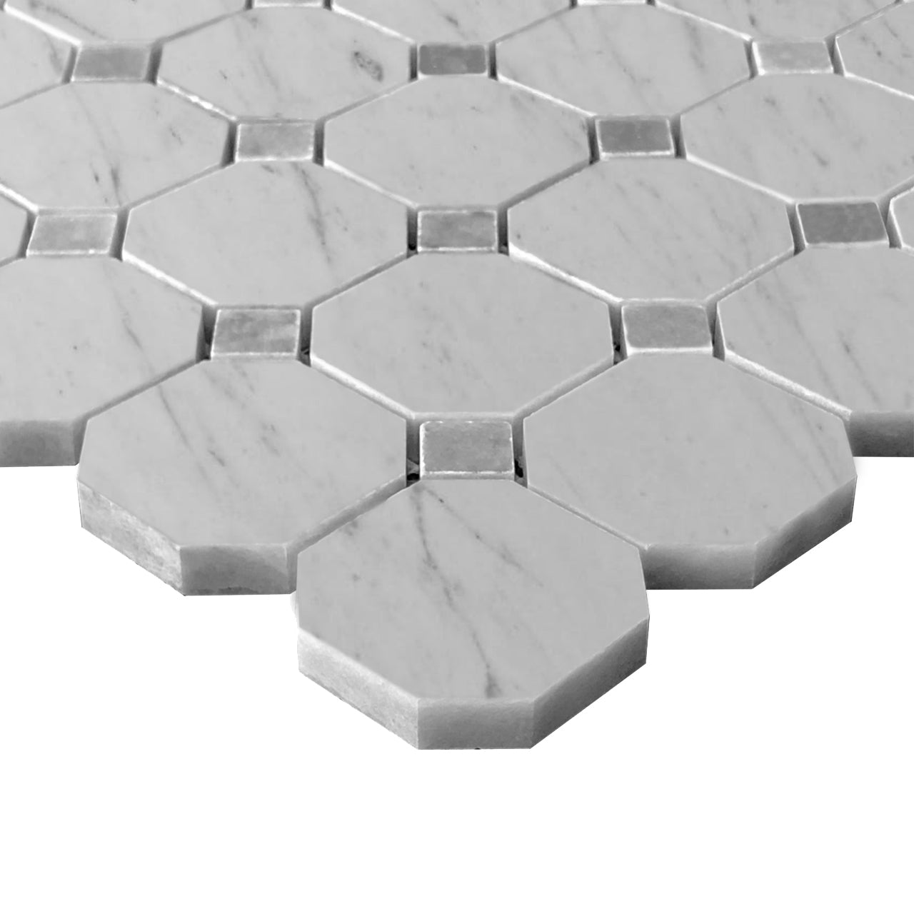 Carrara White Italian Marble Octagon with Bardiglio Dots Mosaic Tile Honed