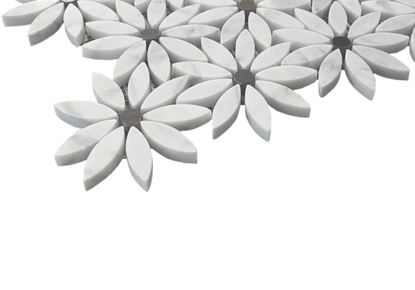 Carrara White Marble With Nero Marquina Black Accent Daisy Flower Waterjet Mosaic Tile Polished