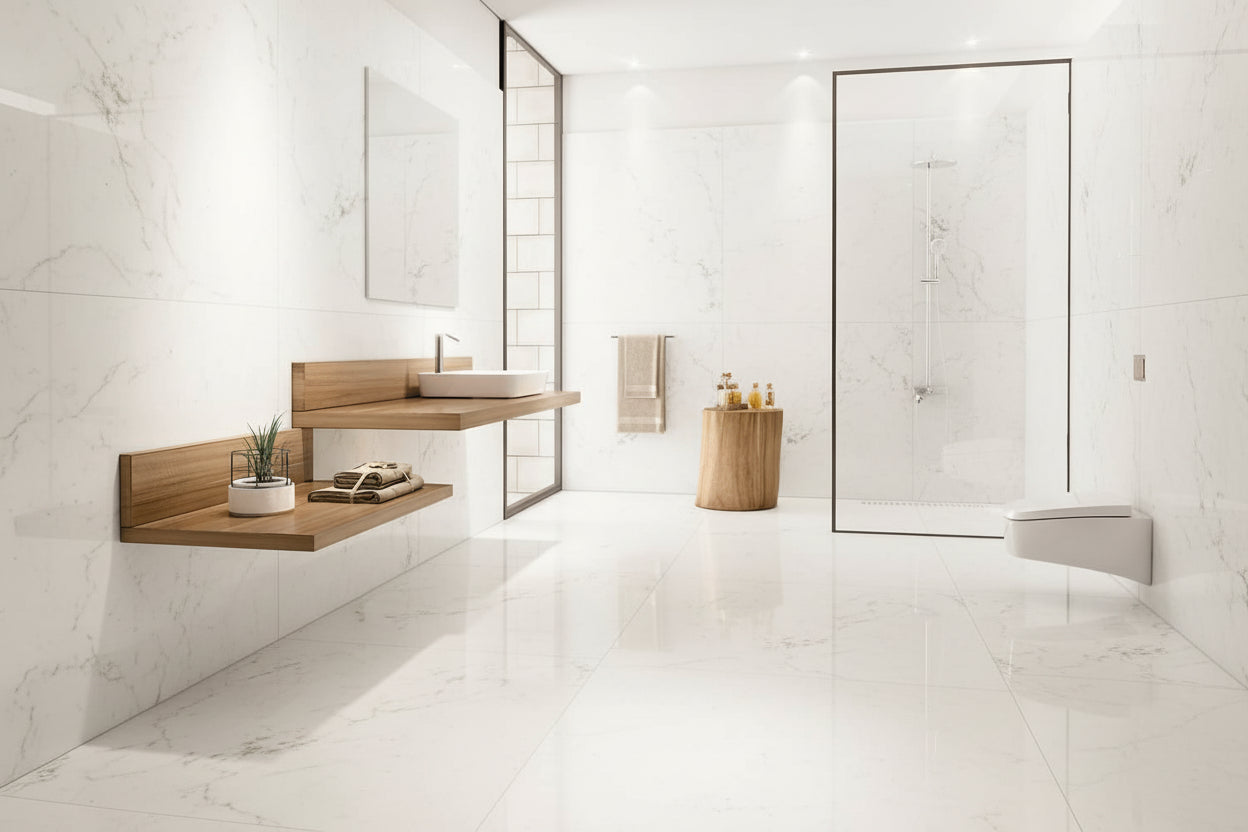 Modern bathroom with marble walls and floor, wooden shelves, and a shower area.