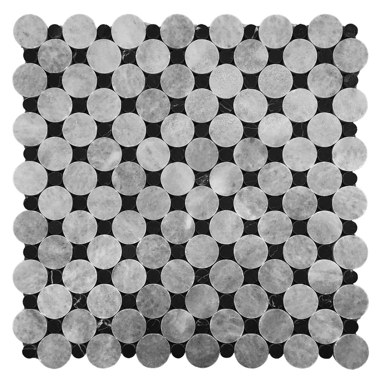 Bardiglio Gray Marble Penny Circles Mosaic Tile with Nero Marquina Black Circles Honed
