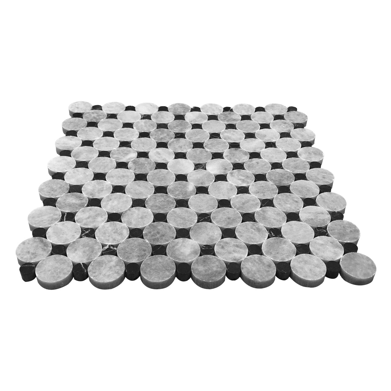 Bardiglio Gray Marble Penny Circles Mosaic Tile with Nero Marquina Black Circles Honed