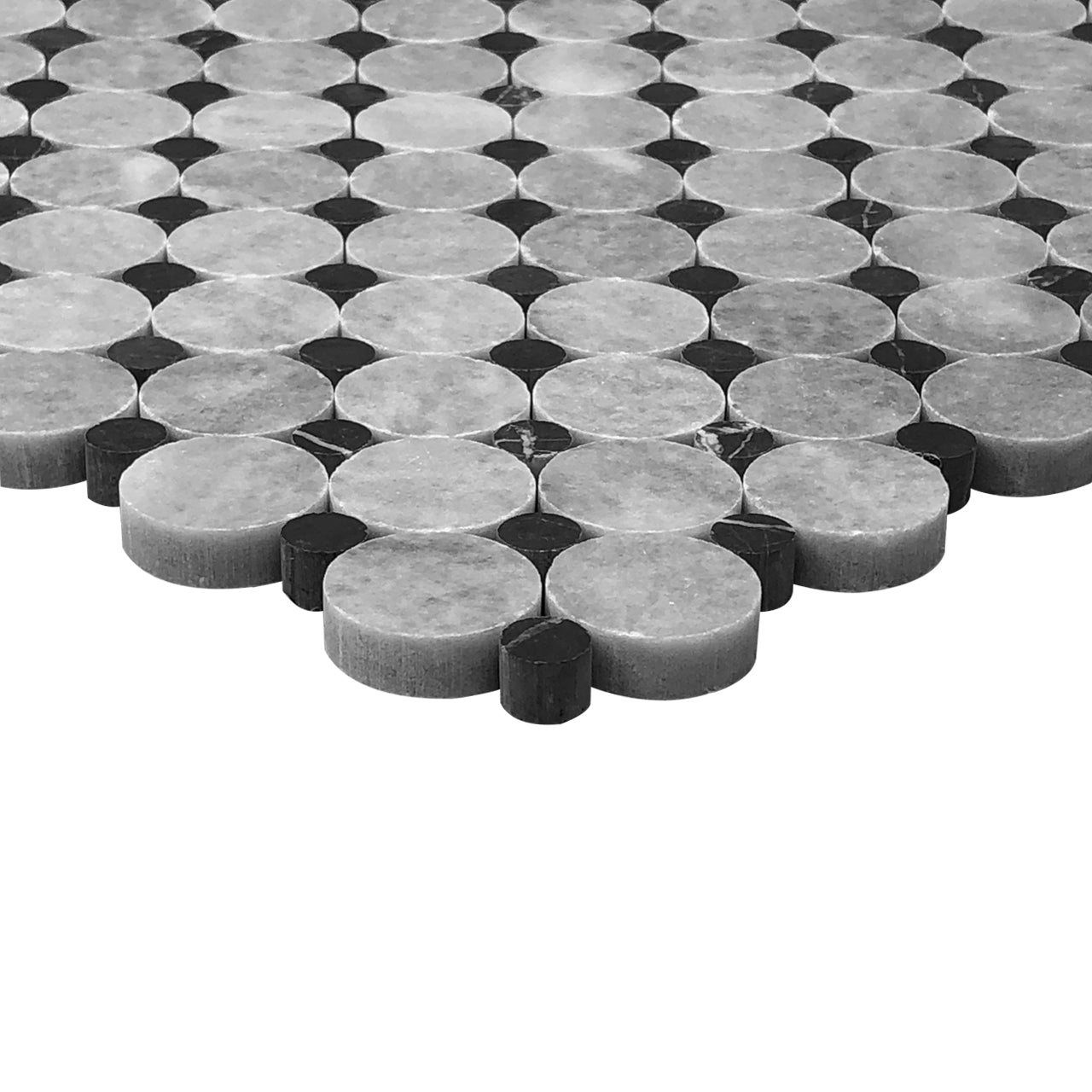 Bardiglio Gray Marble Penny Circles Mosaic Tile with Nero Marquina Black Circles Polished