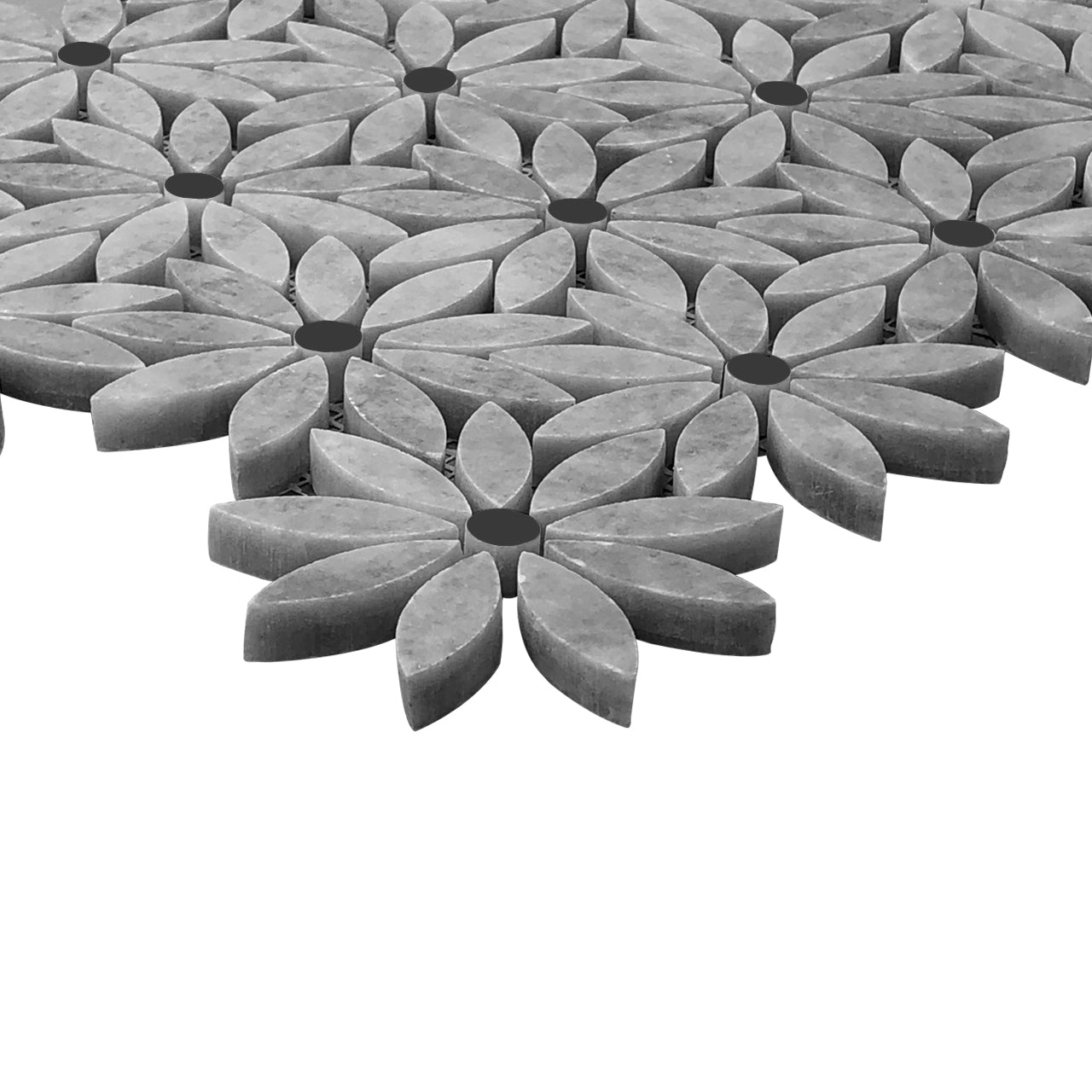 Bardiglio Gray Marble With Nero Marquina Black Accent Daisy Flower Waterjet Mosaic Tile Polished