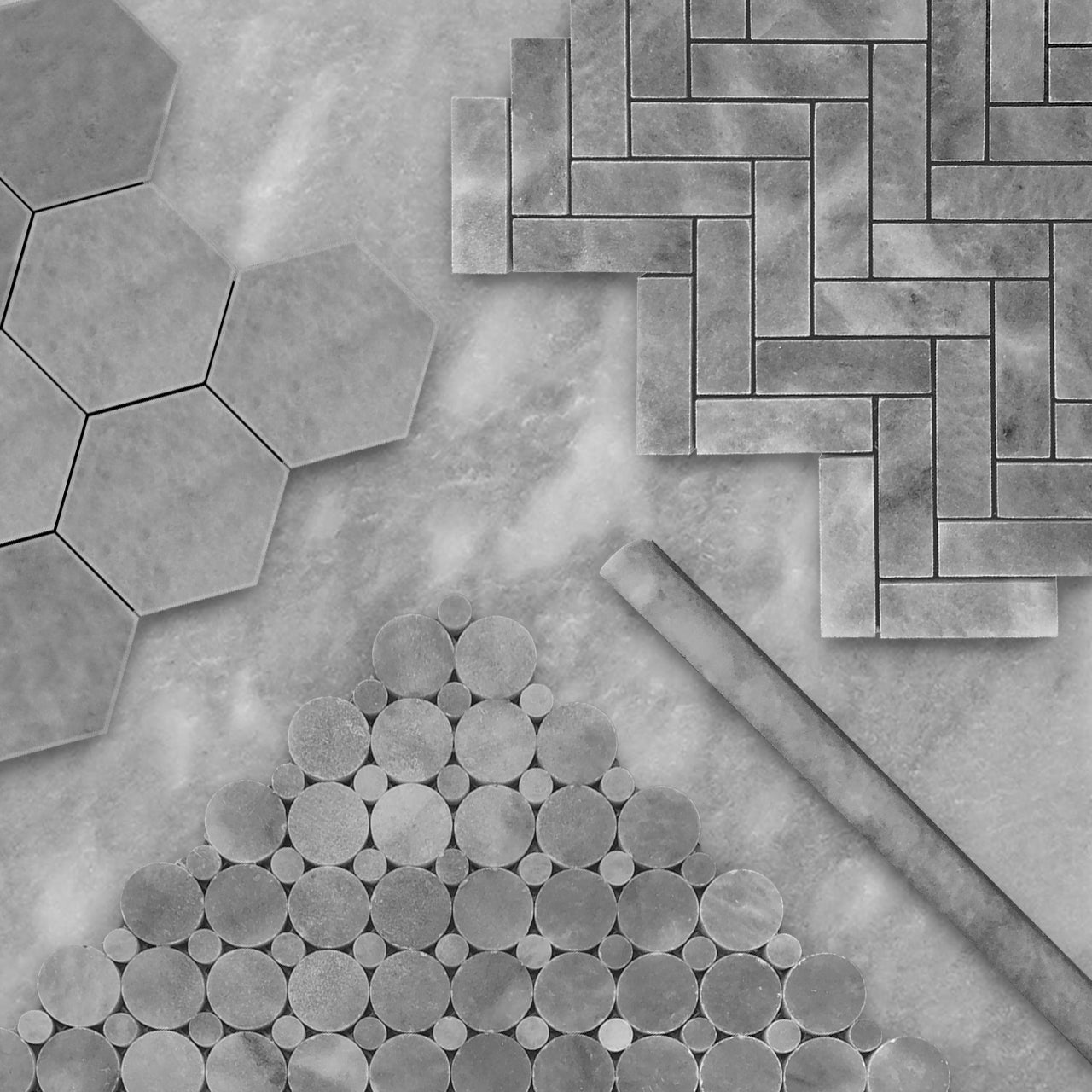Bardiglio Gray Marble 1" x 3" Herringbone Mosaic Tile Honed
