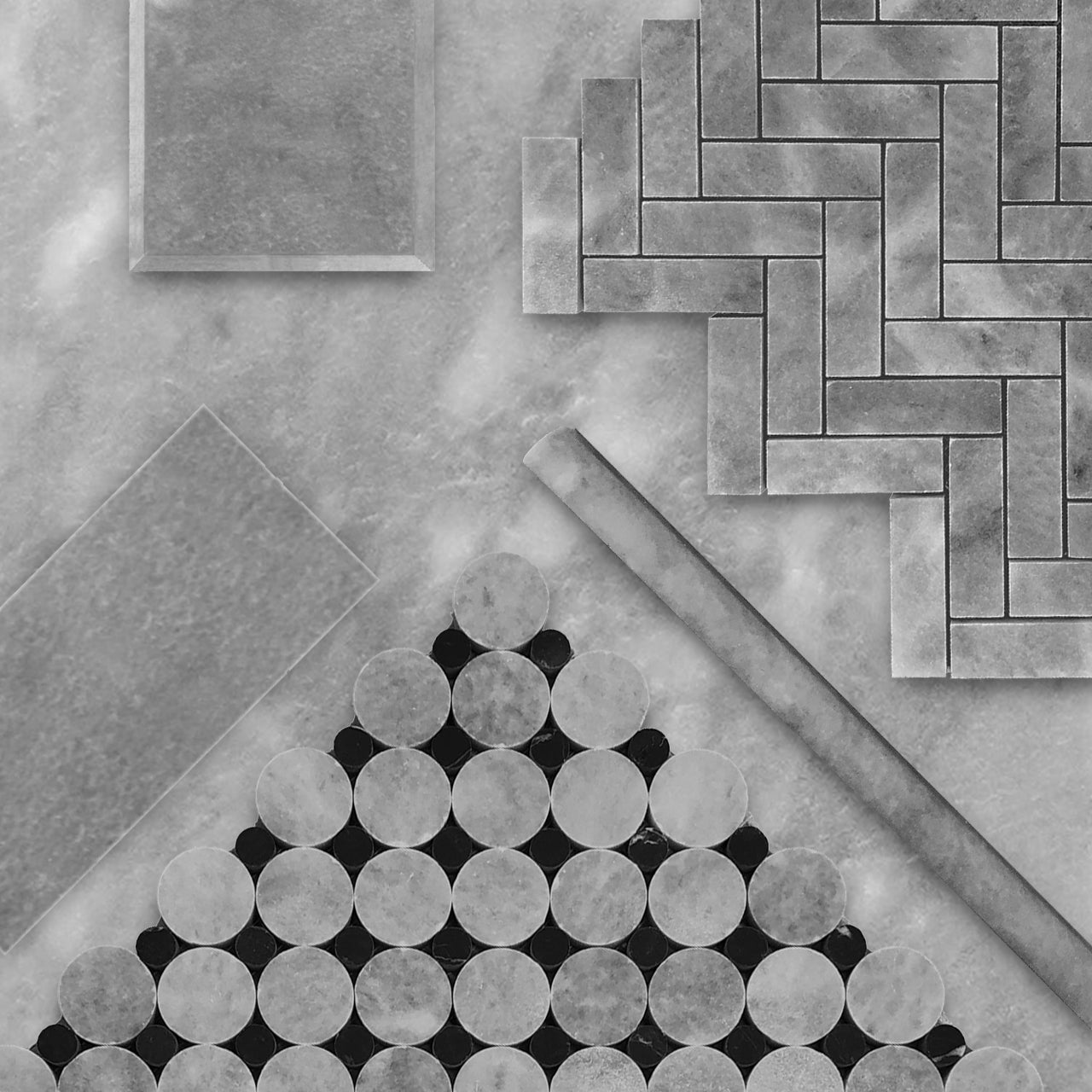 Bardiglio Gray Marble Penny Circles Mosaic Tile with Nero Marquina Black Circles Honed