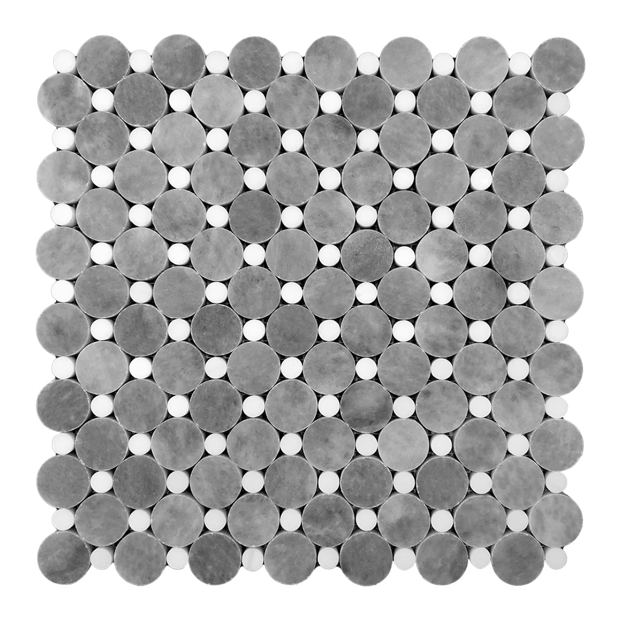 Bardiglio Gray Marble Penny Circles Mosaic Tile with Bianco Dolomite White Circles Polished
