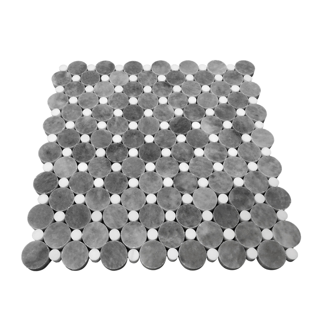 Bardiglio Gray Marble Penny Circles Mosaic Tile with Bianco Dolomite White Circles Honed