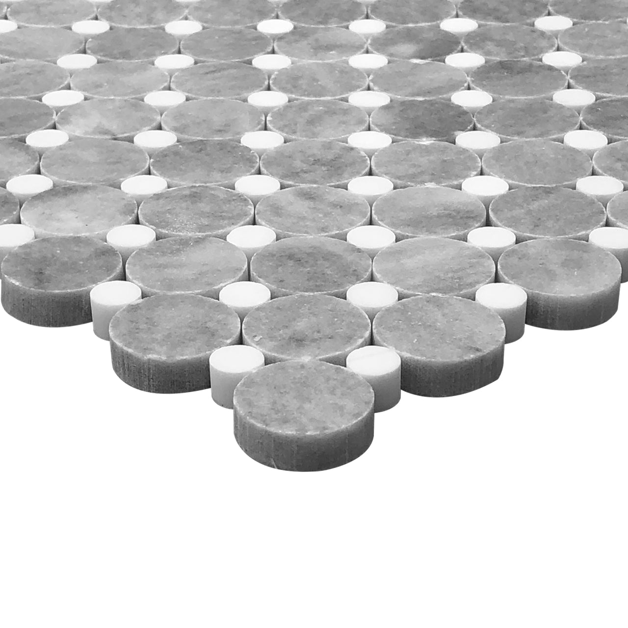 Bardiglio Gray Marble Penny Circles Mosaic Tile with Bianco Dolomite White Circles Polished