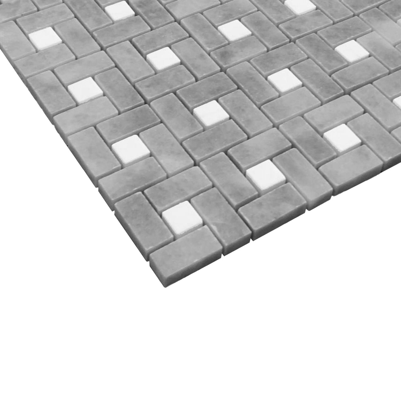 Bardiglio Gray Marble Target Pinwheel Mosaic Tile with Bianco Dolomite Dots Honed