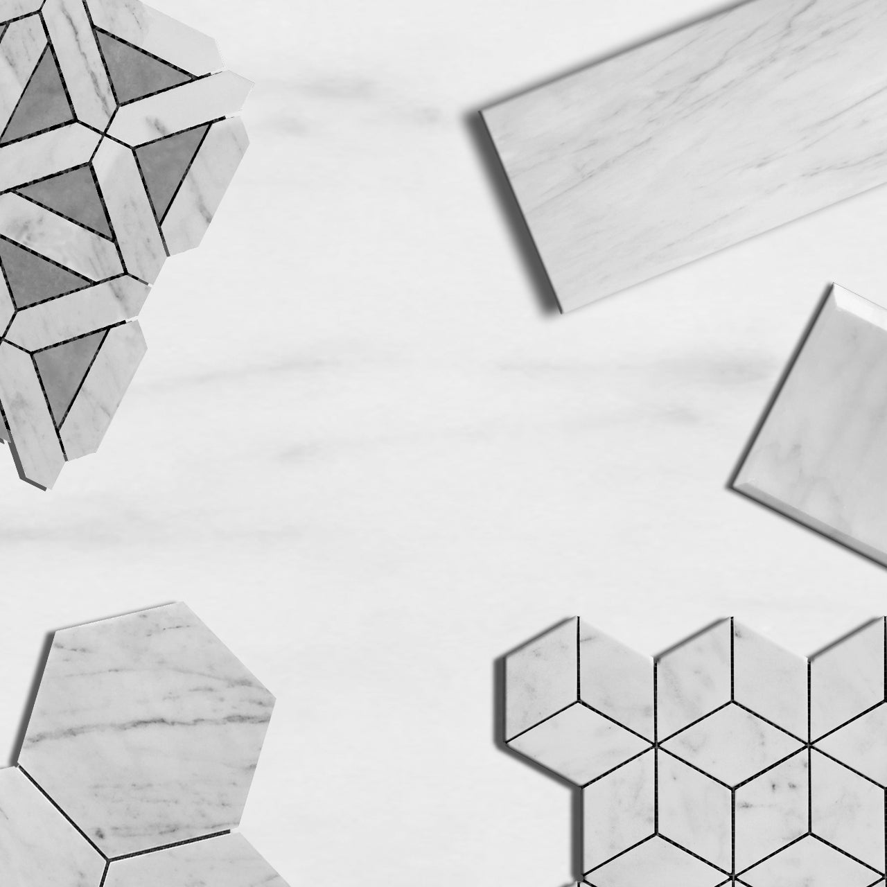 Carrara White Italian Marble with Bardiglio Gray Triangles Geometrica Mosaic Tile Honed