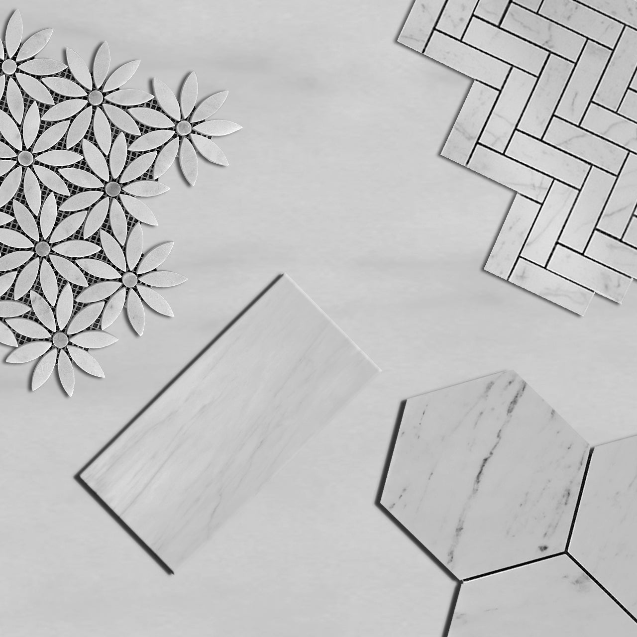 Carrara White Marble With Bardiglio Gray Accent Daisy Flower Waterjet Mosaic Tile Honed