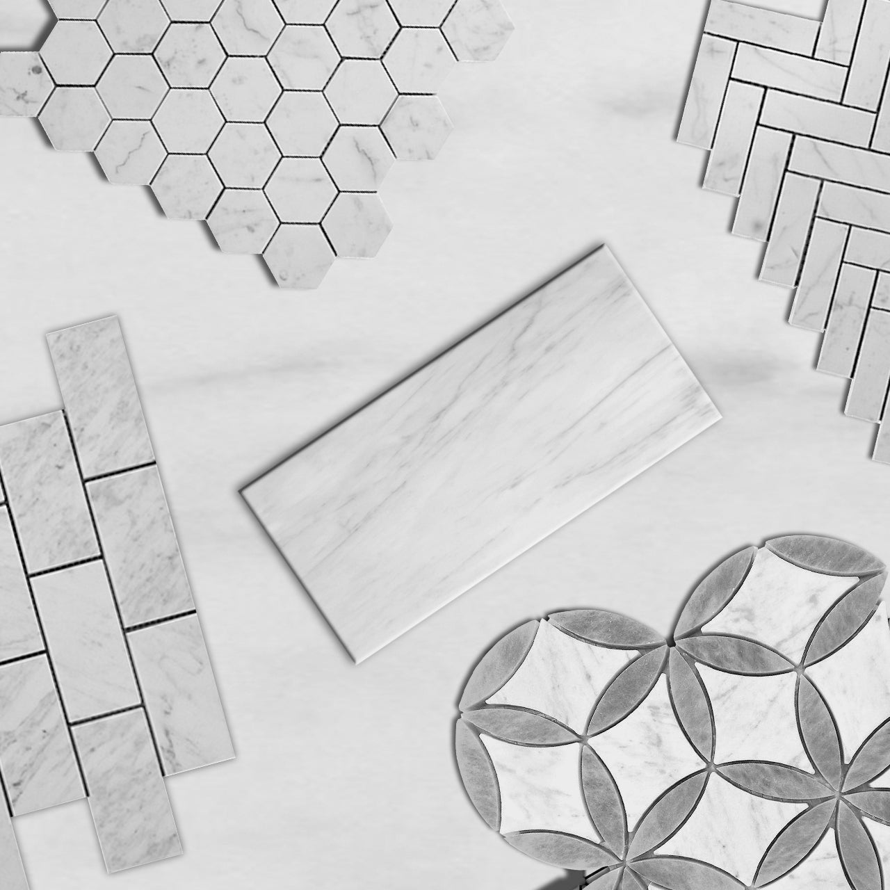 White Carrara Marble with Bardiglio Gray Leaf La Fleur Waterjet Mosaic Tile Honed