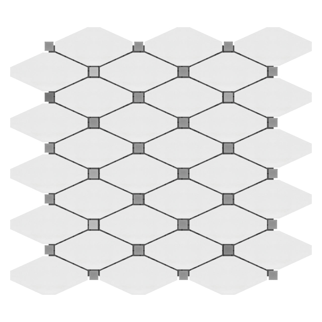 Bianco Dolomite Marble Long Octagon Rhomboid with Bardiglio Dots Mosaic Tile Honed