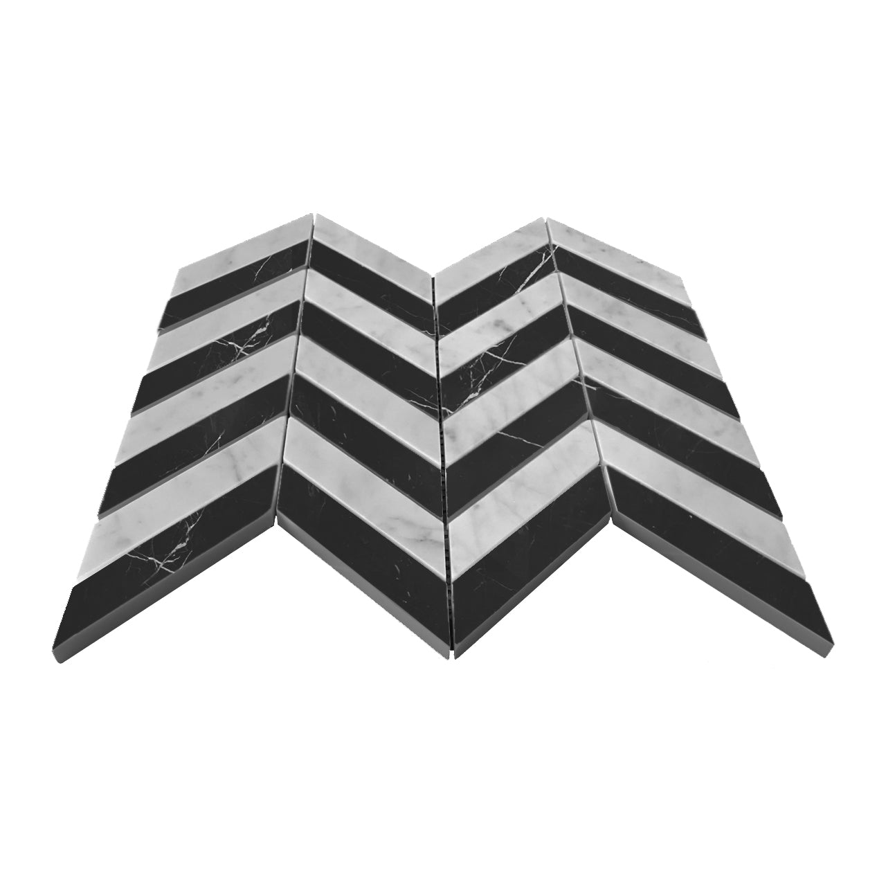 Carrara White Italian Marble with Black 1" x 4" Chevron Mosaic Tile Polished