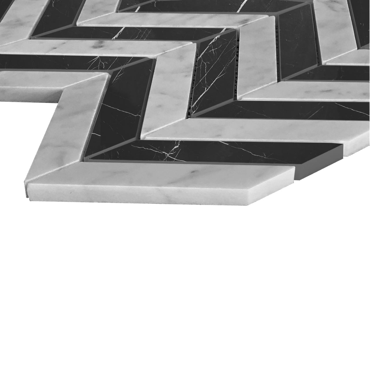 Carrara White Italian Marble with Black 1" x 4" Chevron Mosaic Tile Polished