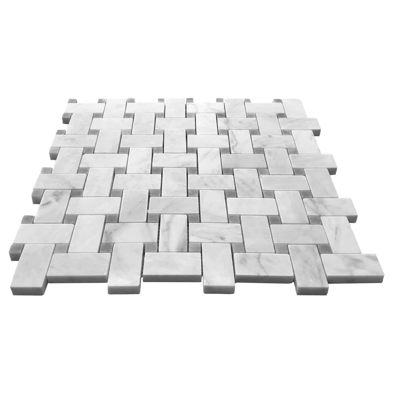 Carrara White Italian Marble Basketweave Mosaic Tile with Bardiglio Gray Dots Polished