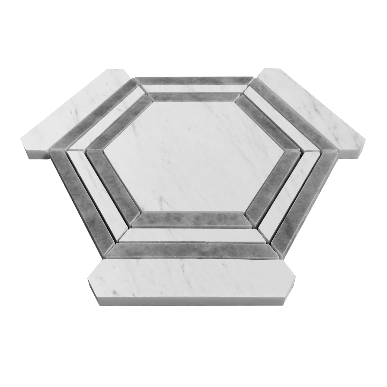 Carrara White Italian Marble Georama Hexagon with Bardiglio Gray Strips Mosaic Tile Polished