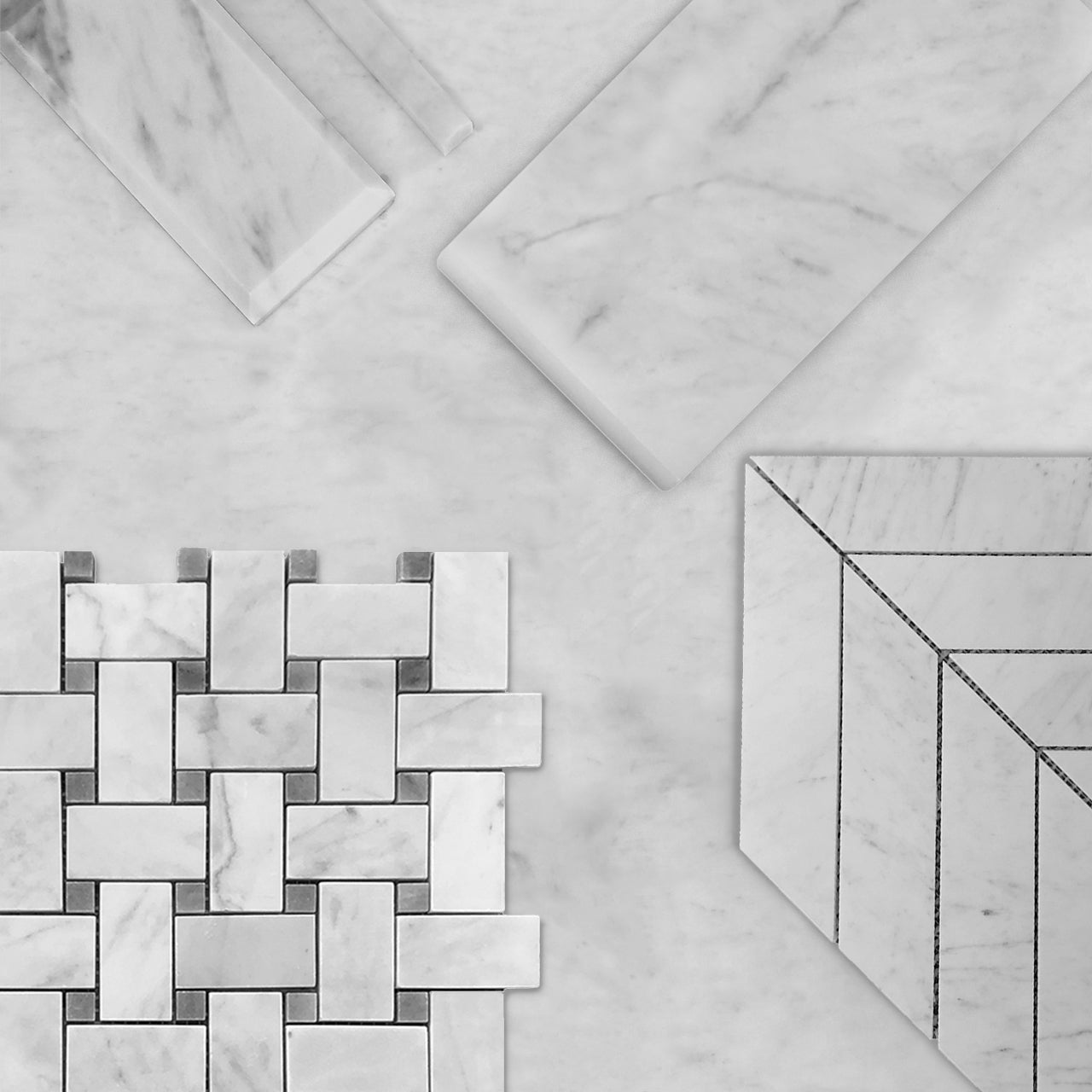 Carrara White Italian Marble Basketweave Mosaic Tile with Bardiglio Gray Dots Polished