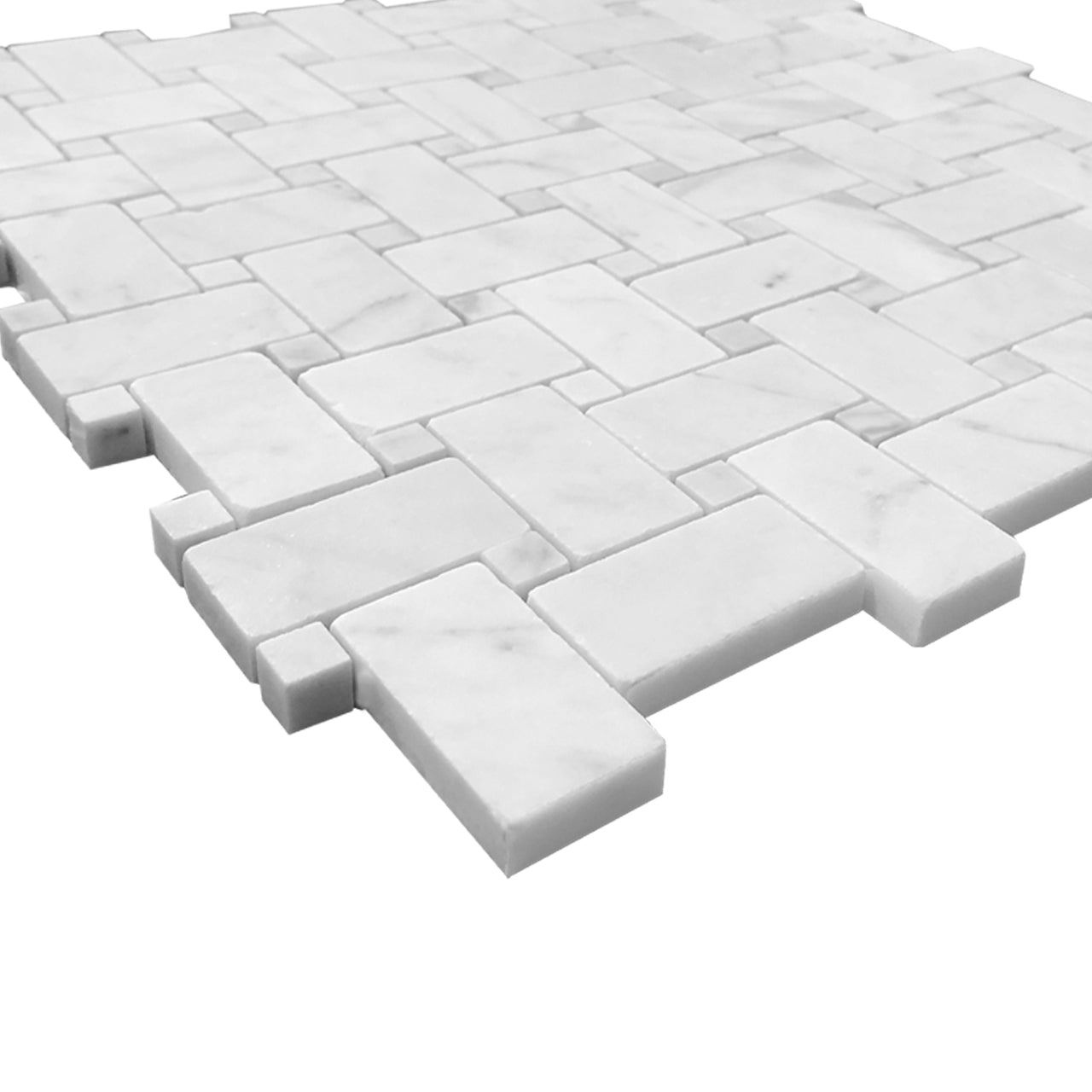 Carrara White Italian Marble Basketweave Mosaic Tile with Carrara Dots Honed