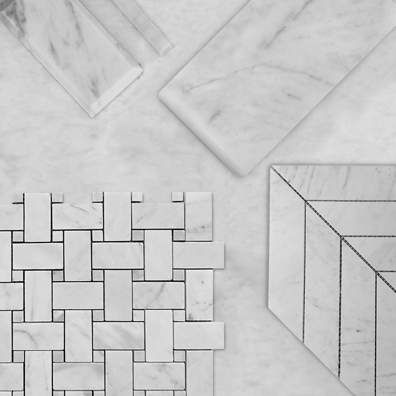 Carrara White Italian Marble Basketweave Mosaic Tile with Carrara Dots Polished