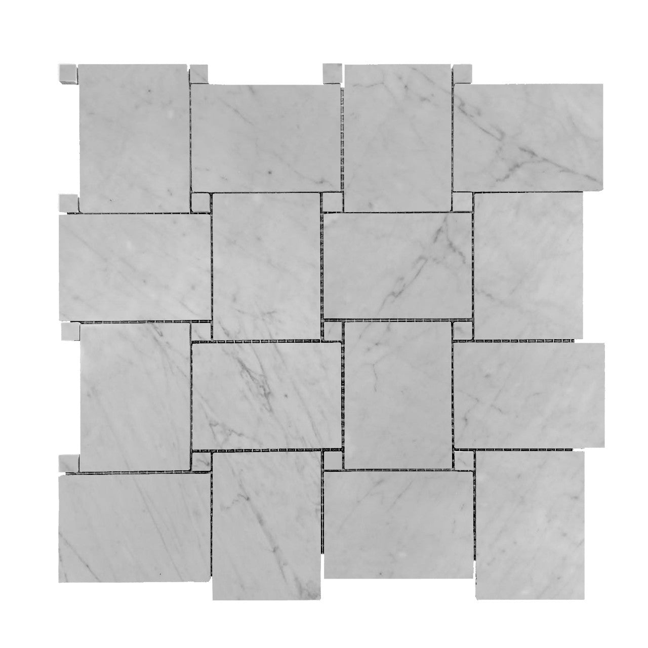 Carrara White Marble Large Basketweave Mosaic Tile with Carrara Dots Polished