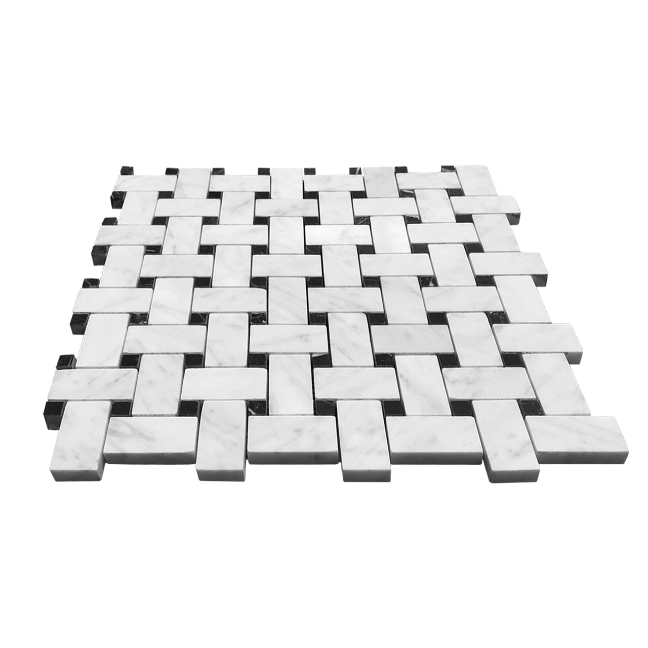 Carrara White Italian Marble Basketweave Mosaic Tile with Nero Marquina Black Dots Honed