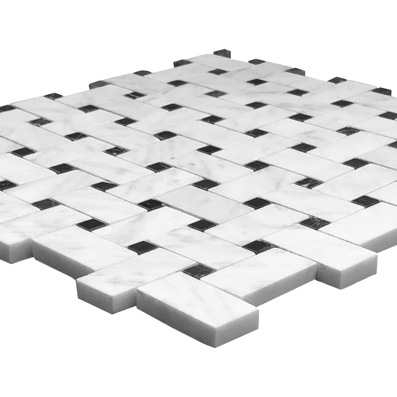 Carrara White Italian Marble Basketweave Mosaic Tile with Nero Marquina Black Dots Polished