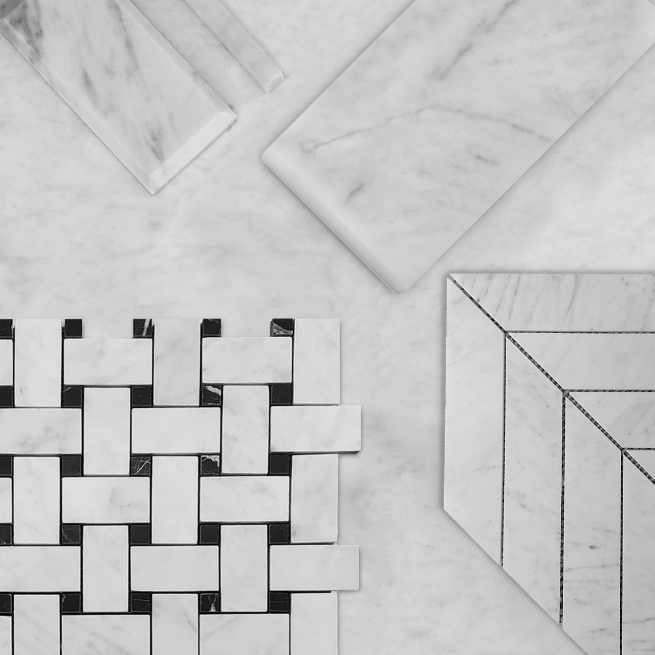 Carrara White Italian Marble Basketweave Mosaic Tile with Nero Marquina Black Dots Polished