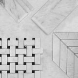 Carrara White Italian Marble Basketweave Mosaic Tile with Nero Marquina Black Dots Polished