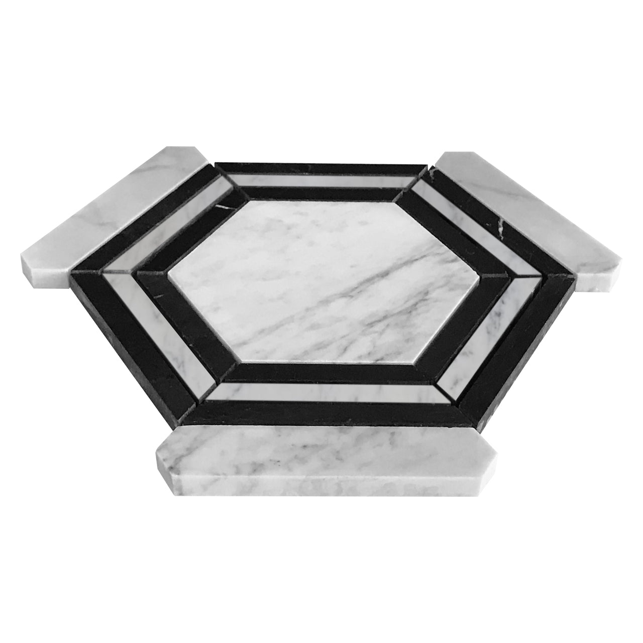 Carrara White Italian Marble Georama Hexagon with Nero Marquina Black Strips Mosaic Tile Honed