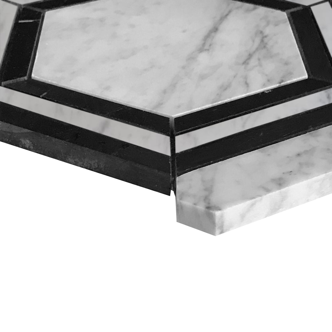 Carrara White Italian Marble Georama Hexagon with Nero Marquina Black Strips Mosaic Tile Honed