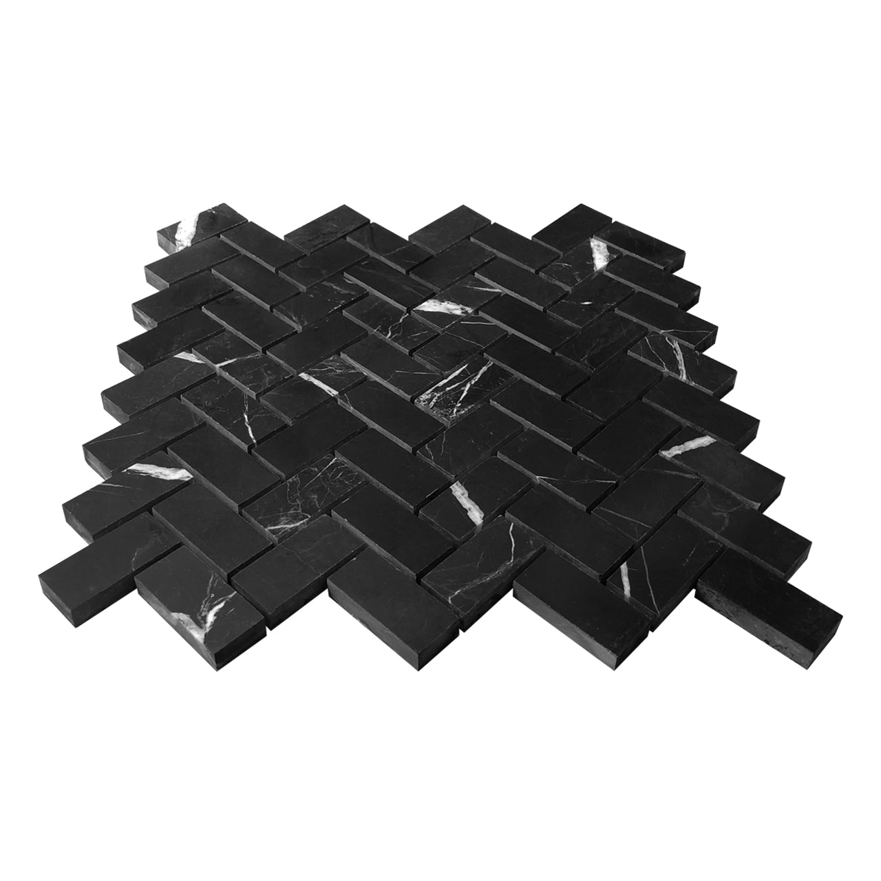 Nero Marquina Black Marble 1" x 2" Herringbone Mosaic Tile Polished