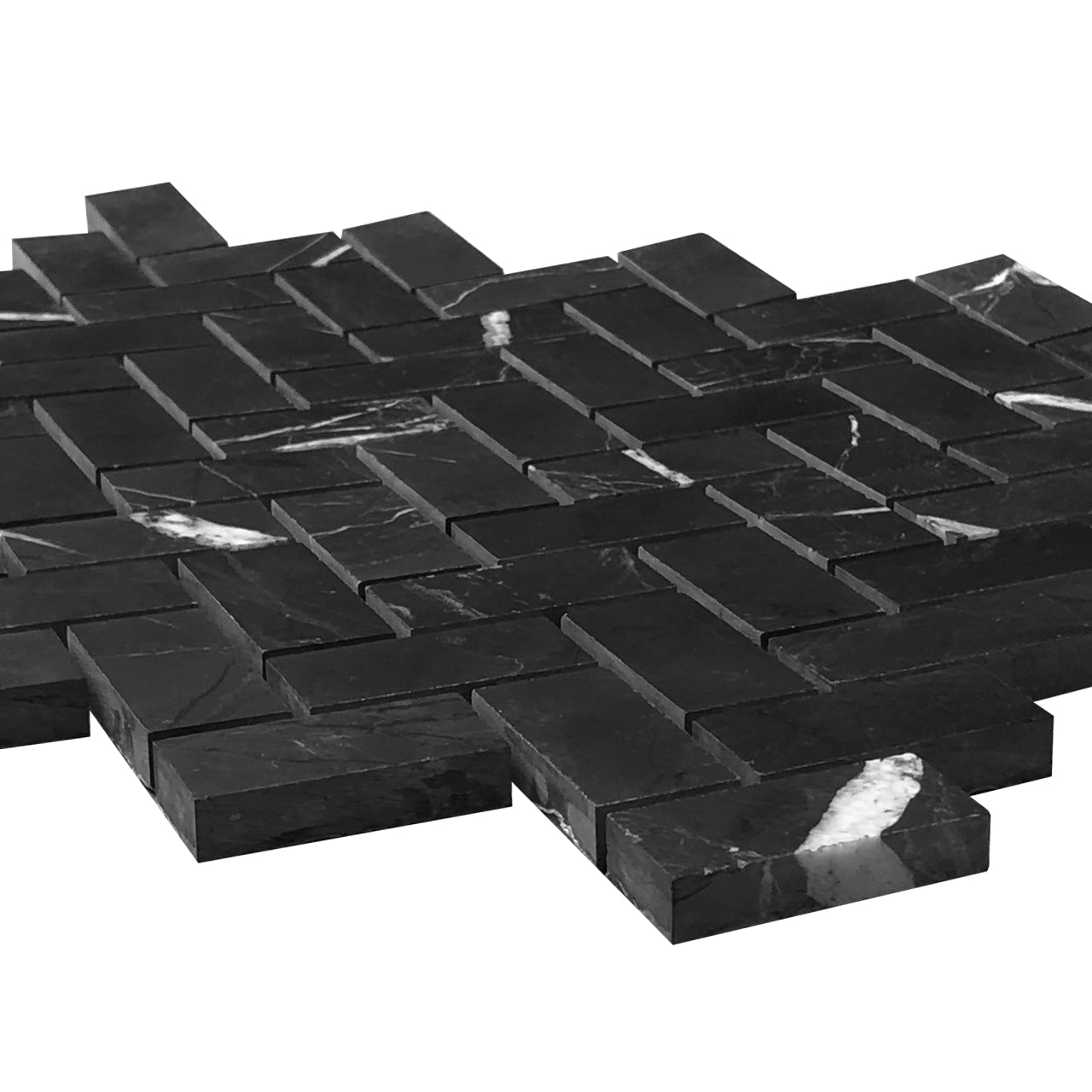 Nero Marquina Black Marble 1" x 2" Herringbone Mosaic Tile Polished