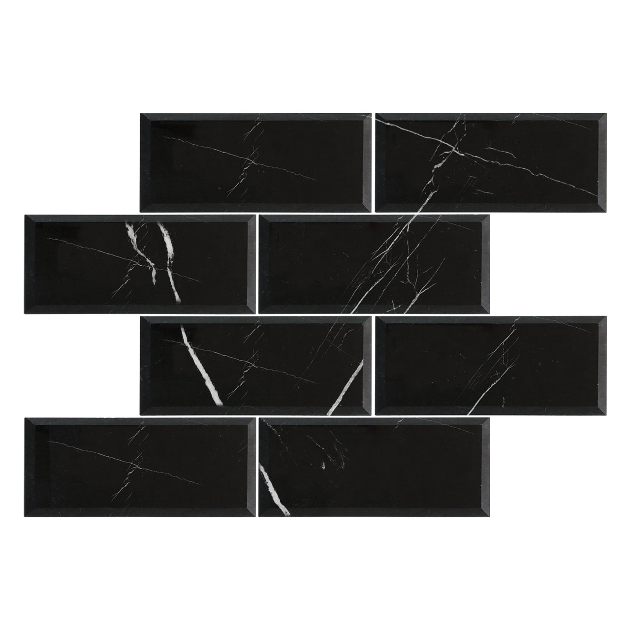 6x12 Nero Marquina Black Marble Wide Beveled Tile Honed