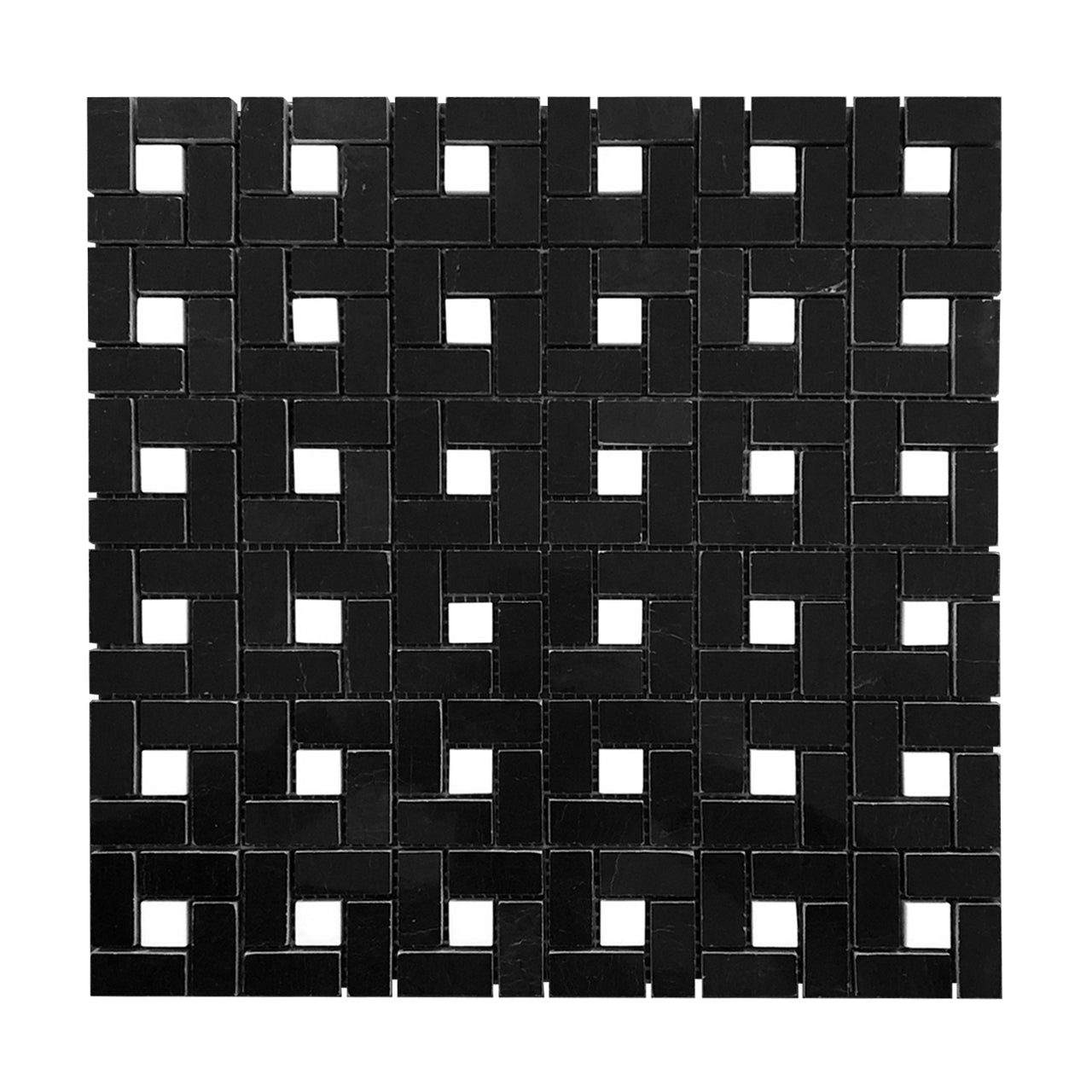Nero Marquina Black Marble Target Pinwheel Mosaic Tile with Bianco Dolomite Dots Honed