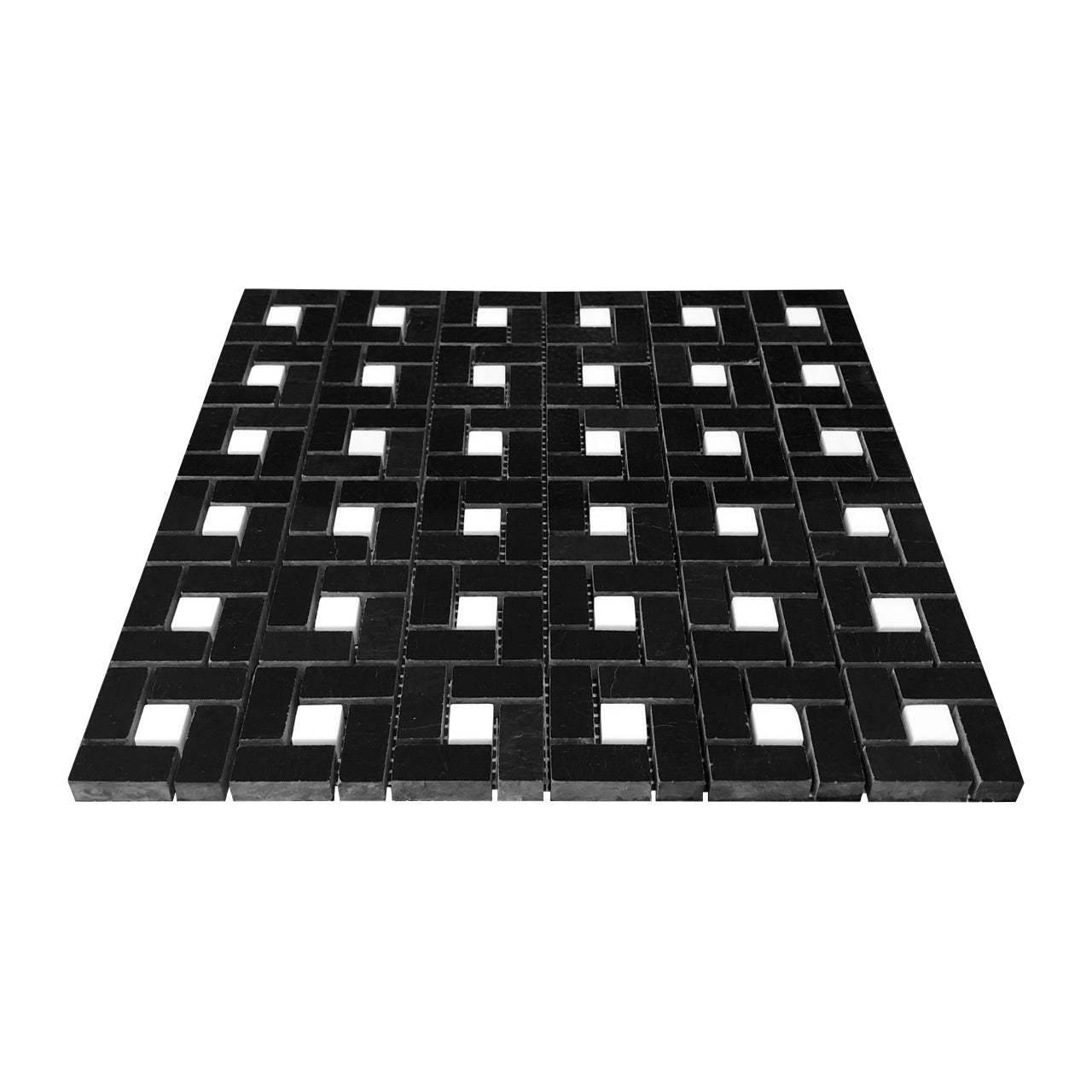 Nero Marquina Black Marble Target Pinwheel Mosaic Tile with Bianco Dolomite Dots Polished