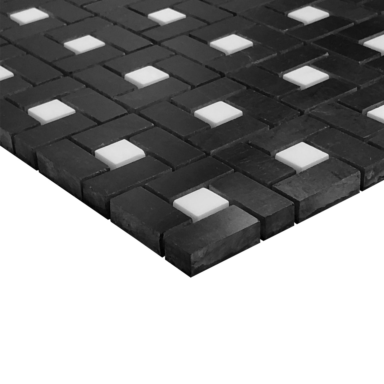 Nero Marquina Black Marble Target Pinwheel Mosaic Tile with Bianco Dolomite Dots Honed