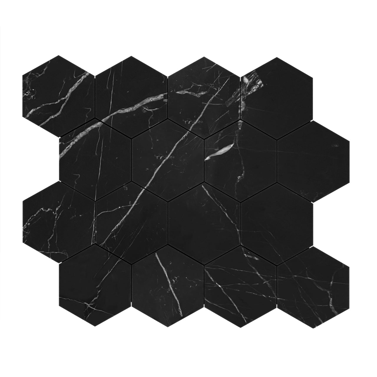 Nero Marquina Black Marble 3" Hexagon Mosaic Tile Polished