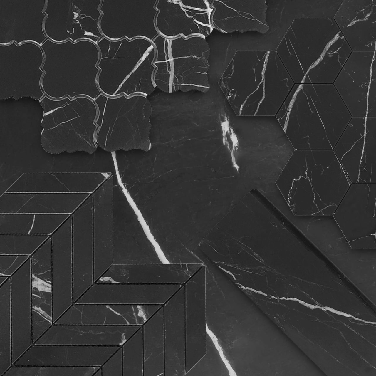 Nero Marquina  Black Marble 1" x 4" Chevron Mosaic Tile Polished